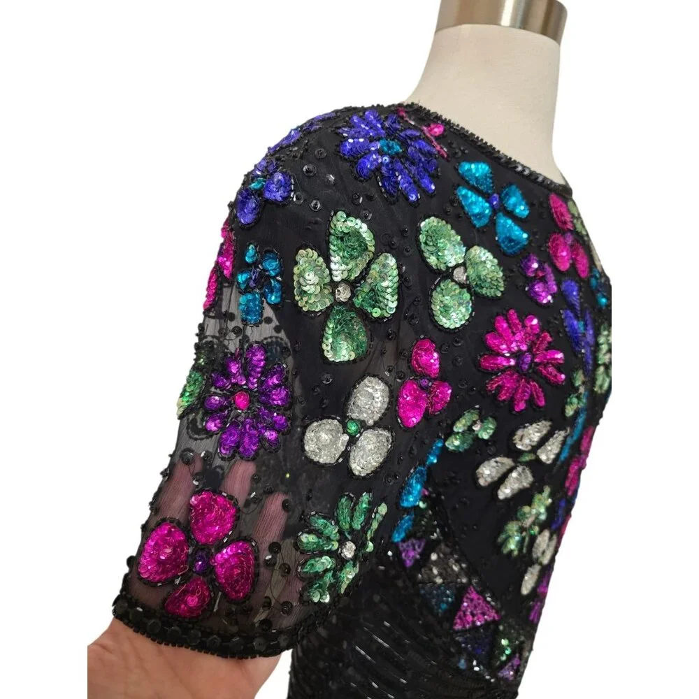 Vintage 90s Fully Sequin Dress Womens Size Medium Black Formal Party Sweelo - Picture 5 of 10